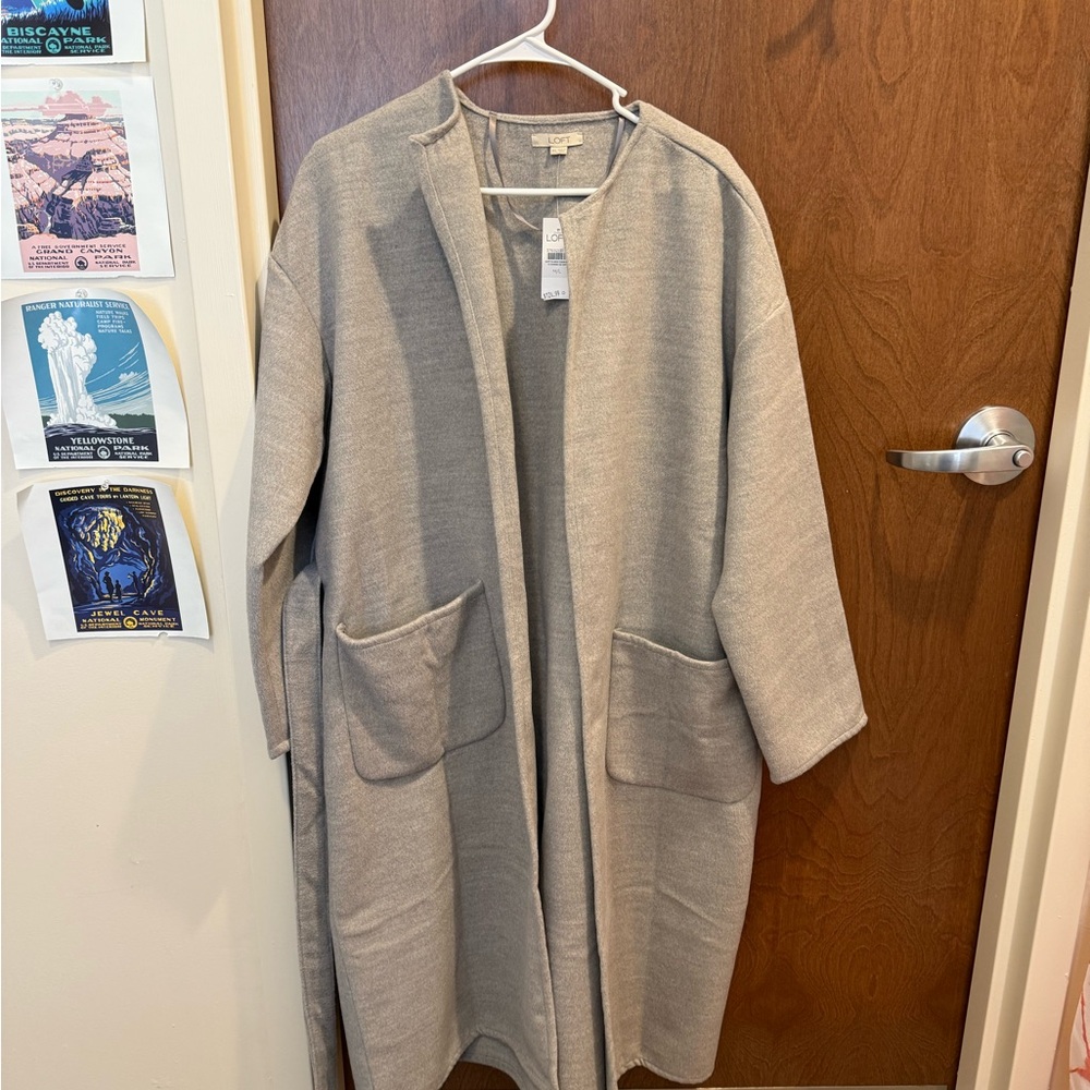 LOFT Light Gray Open-Front Long Coat with Patch Pockets